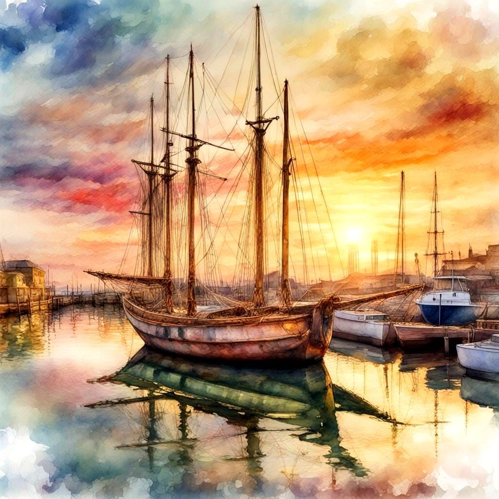 Sailboat in Harbor: Digital Watercolor Summer Sunset