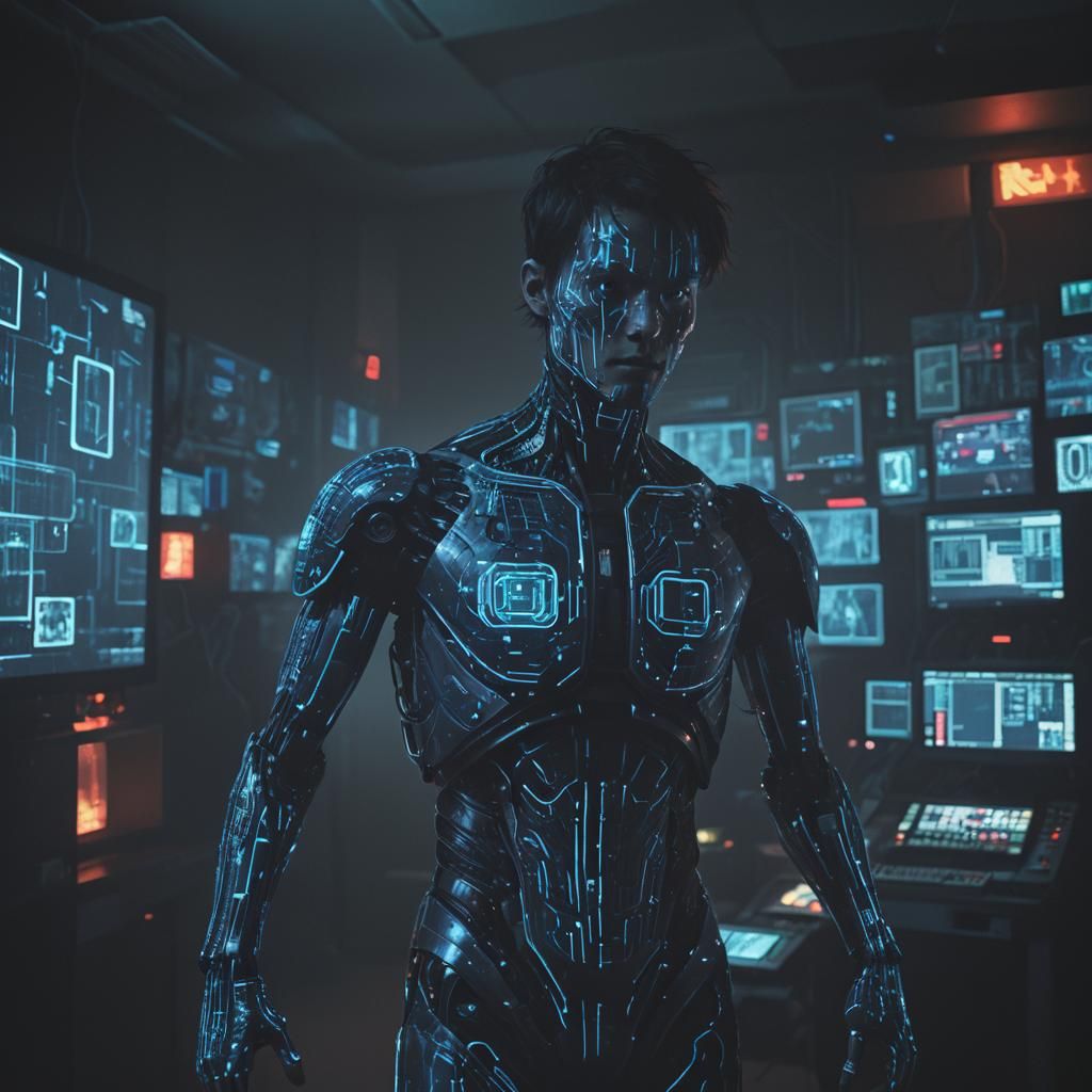 Blurred Humanoid Figure in Dystopian Sci-Fi Room