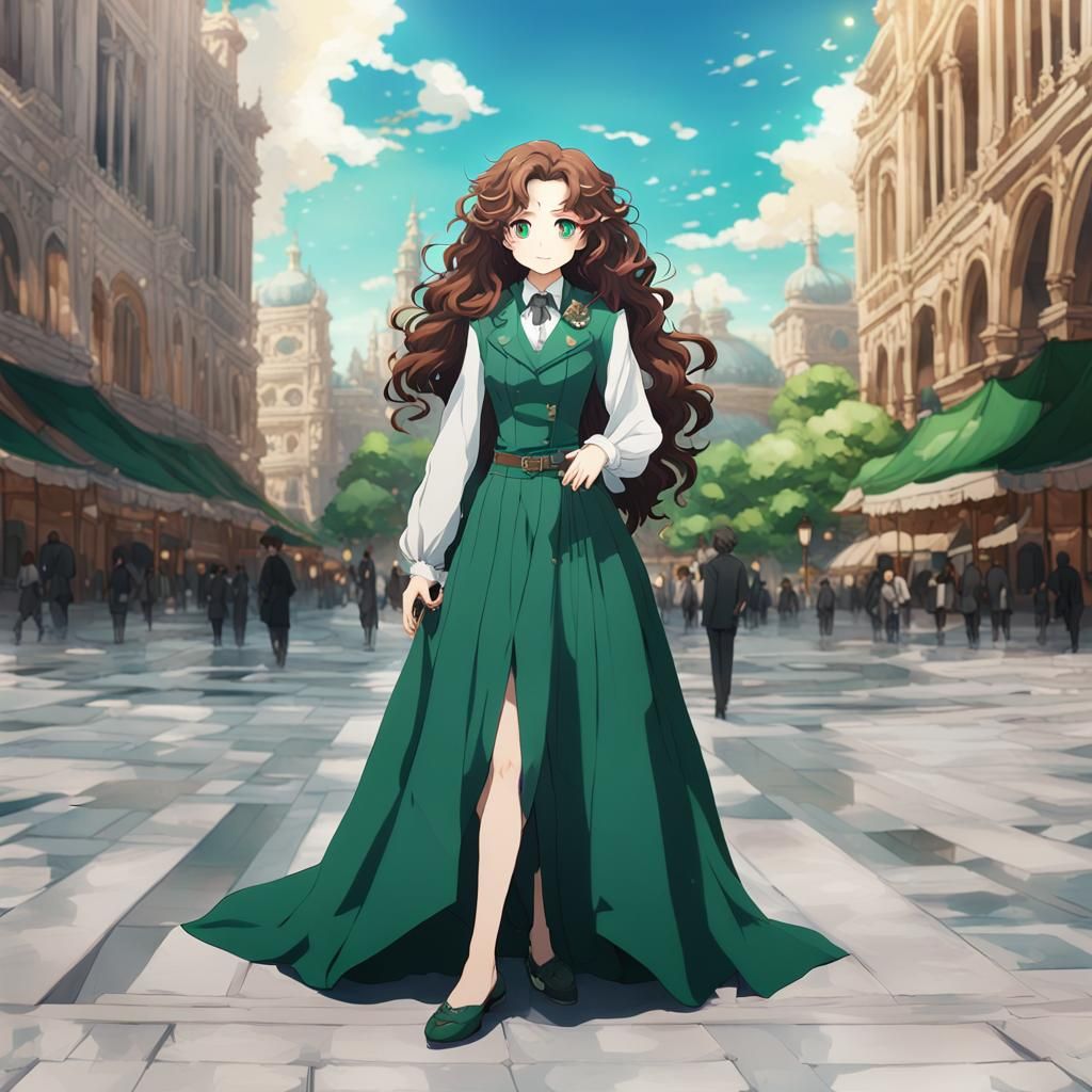 Beautiful anime woman with long curly hair and a green dress..