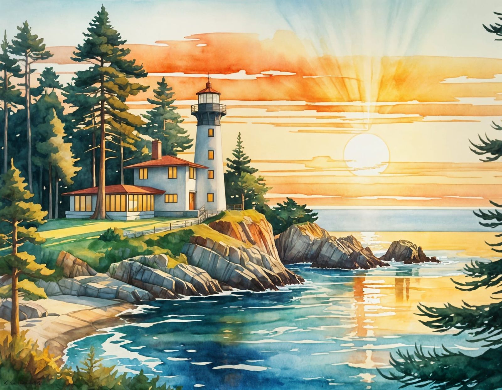 Frank Lloyd Wright Lighthouse Watercolor at Golden Hour