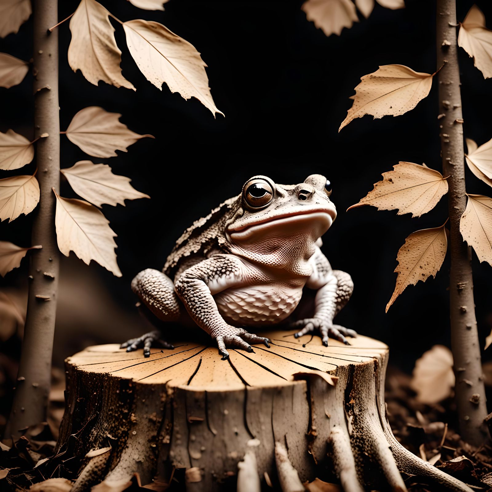 Two-Tone Toad on Tree Stump in Brown and Beige