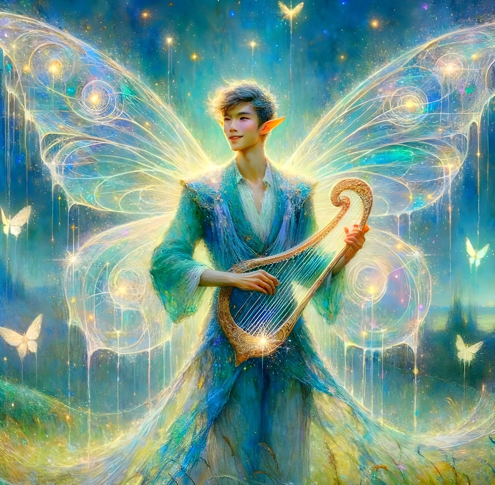 Impressionist Watercolour Painting of Ethereal Elf-Like Figu...