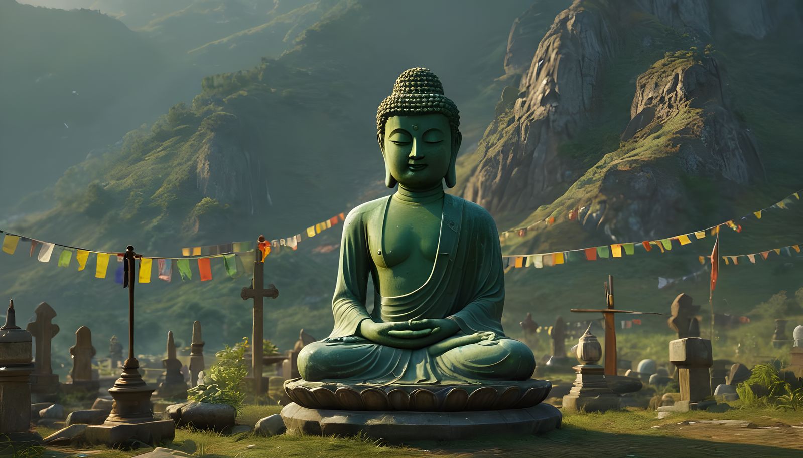 Green Buddha in Cemetery Archway: Photo-Realism