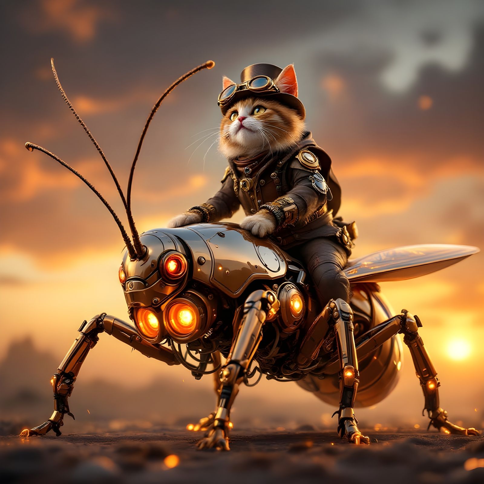 Steampunk Cat Rides Majestic Mechanical Grasshopper in Golde...