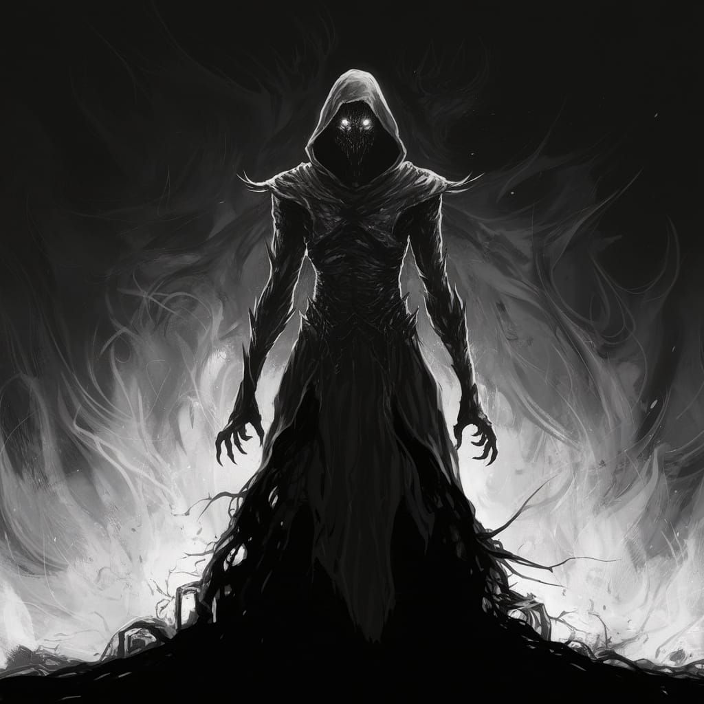Haunting Black and White Demon Silhouette in a Smoky Backdro...