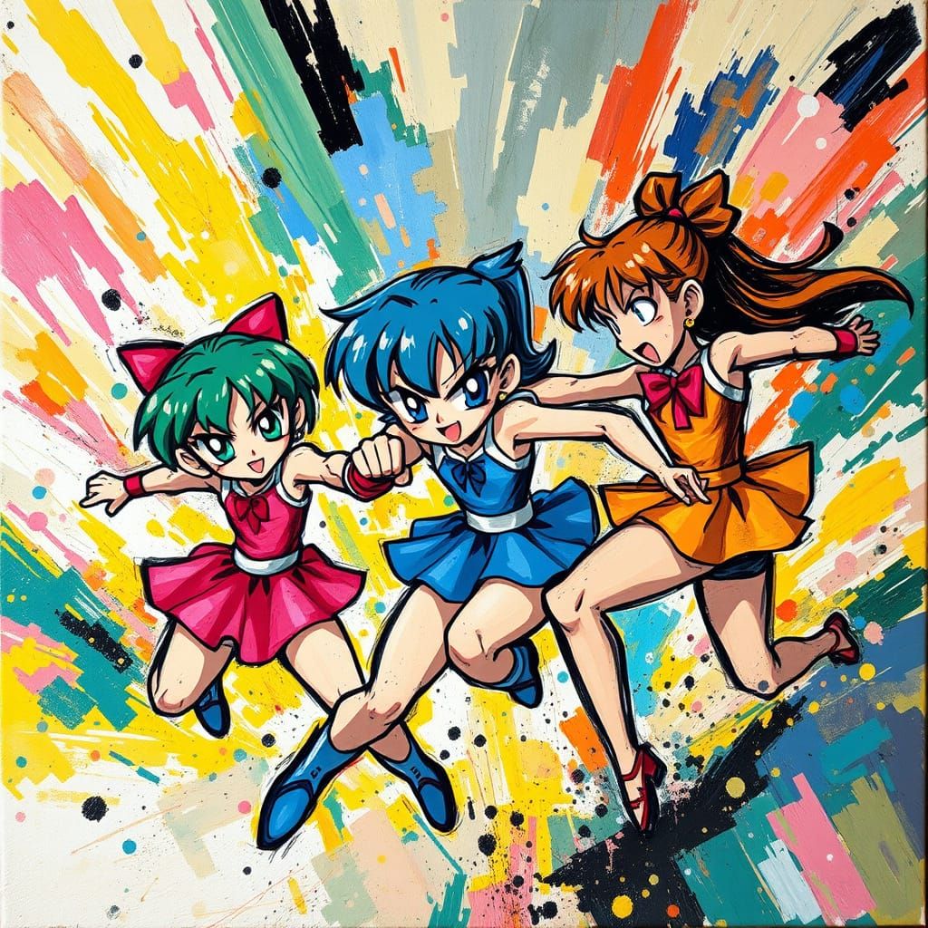 Powerpuff Girls Clash: An Abstract Expressionist Battle