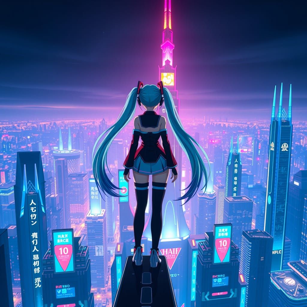 Hatsune Miku Illuminated in Futuristic Cityscape