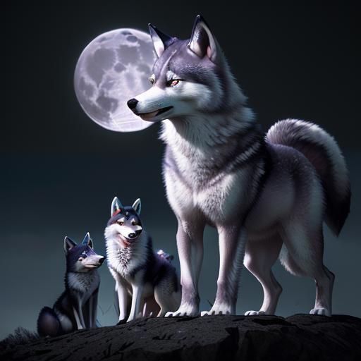 Moonlit Animal Babies: Fox, Husky, and Wolf