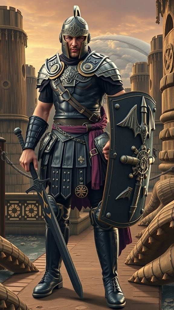 Roman Warrior in Black Armor on Dark Dock