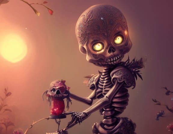 Cute Happy Skeleton Character in Detailed Fantasy Art