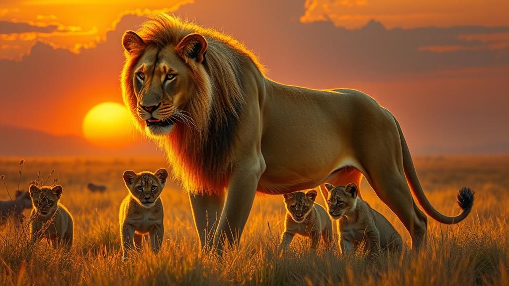 Lioness and Cubs at Sunset, Savannah Wildlife Art