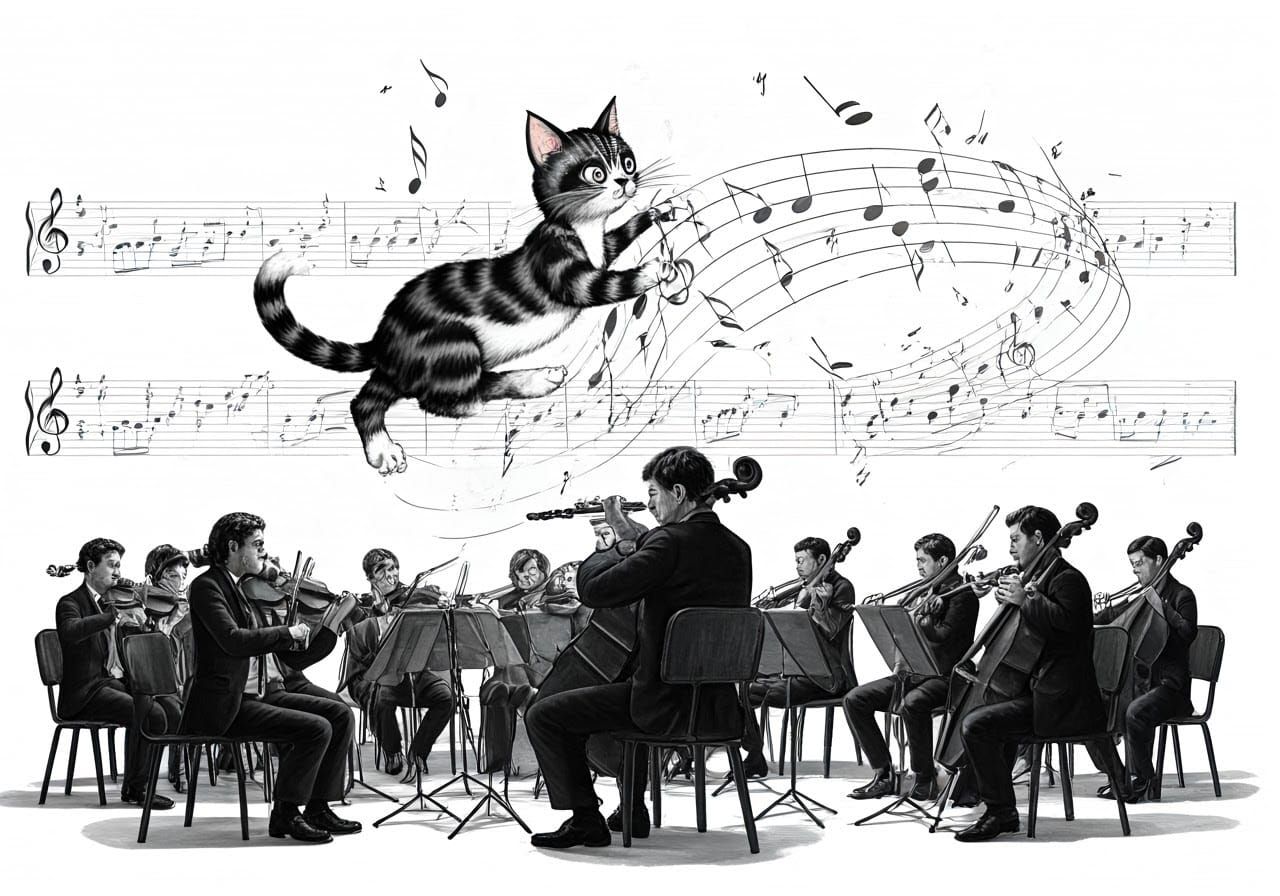 Whimsical Cat Chaos Amongst Jubilant Orchestra Sheet Music