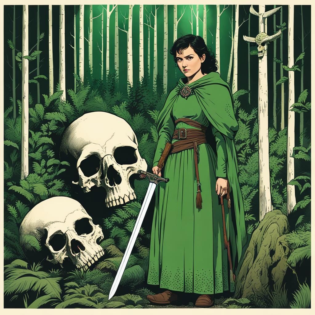 Medieval Heroine with Giant Skulls in Forest