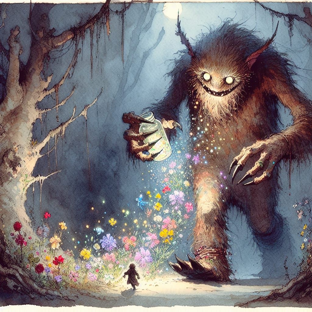 Gentle Giant Spreads Wildflowers in Moonlit Forest