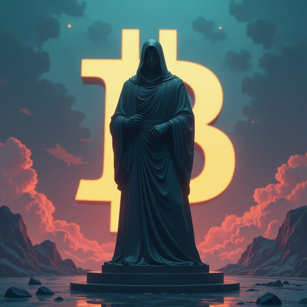 Satoshi Nakamoto Statue with Bitcoin Rise