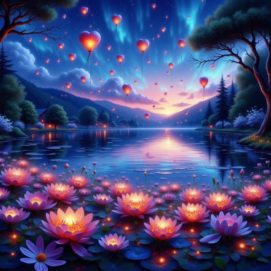 Dreamy Night Sky with Heart-Shaped Lanterns in Whimsical Fan...