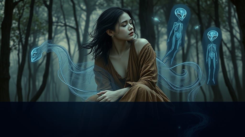 Surrealist Enchantress in Mystical Forest at Dusk