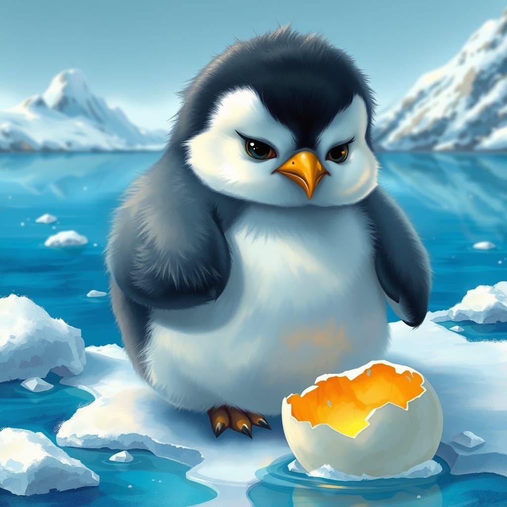 Grumpy Penguin Chick on Neon Island