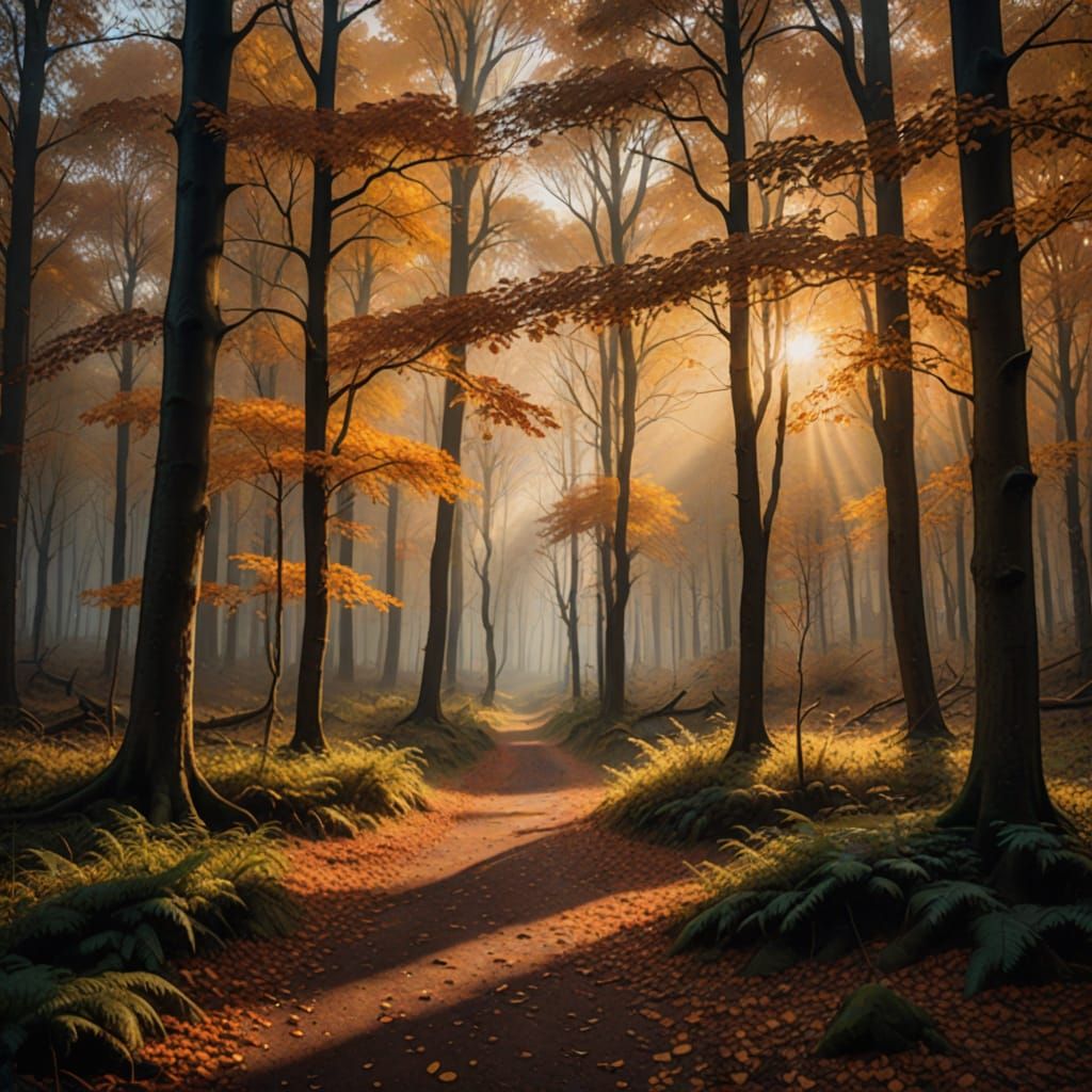 Hyperrealistic Fall Forest in Vibrant Oil Painting Style