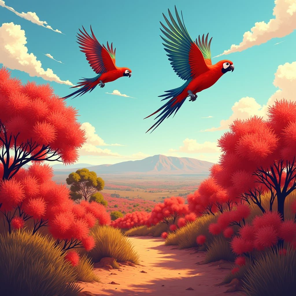 Rosella Parrots and Bottlebrush in Anime Style