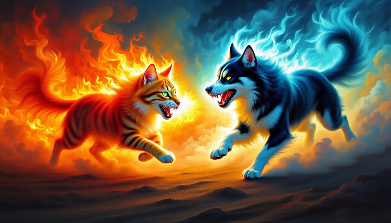 Psychedelic Ice Dog Chases Fire Cat