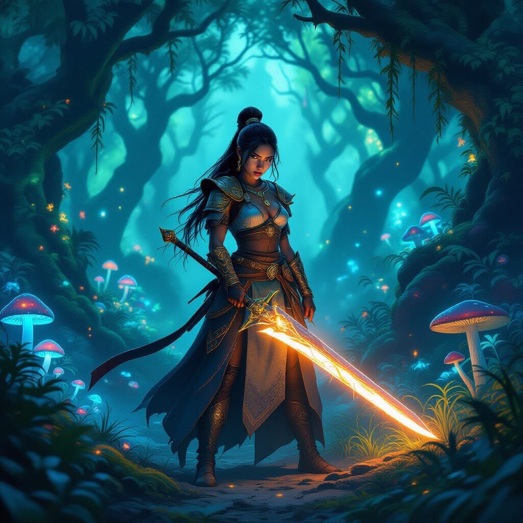Filipina Warrior at Bioluminescent Forest Edge
