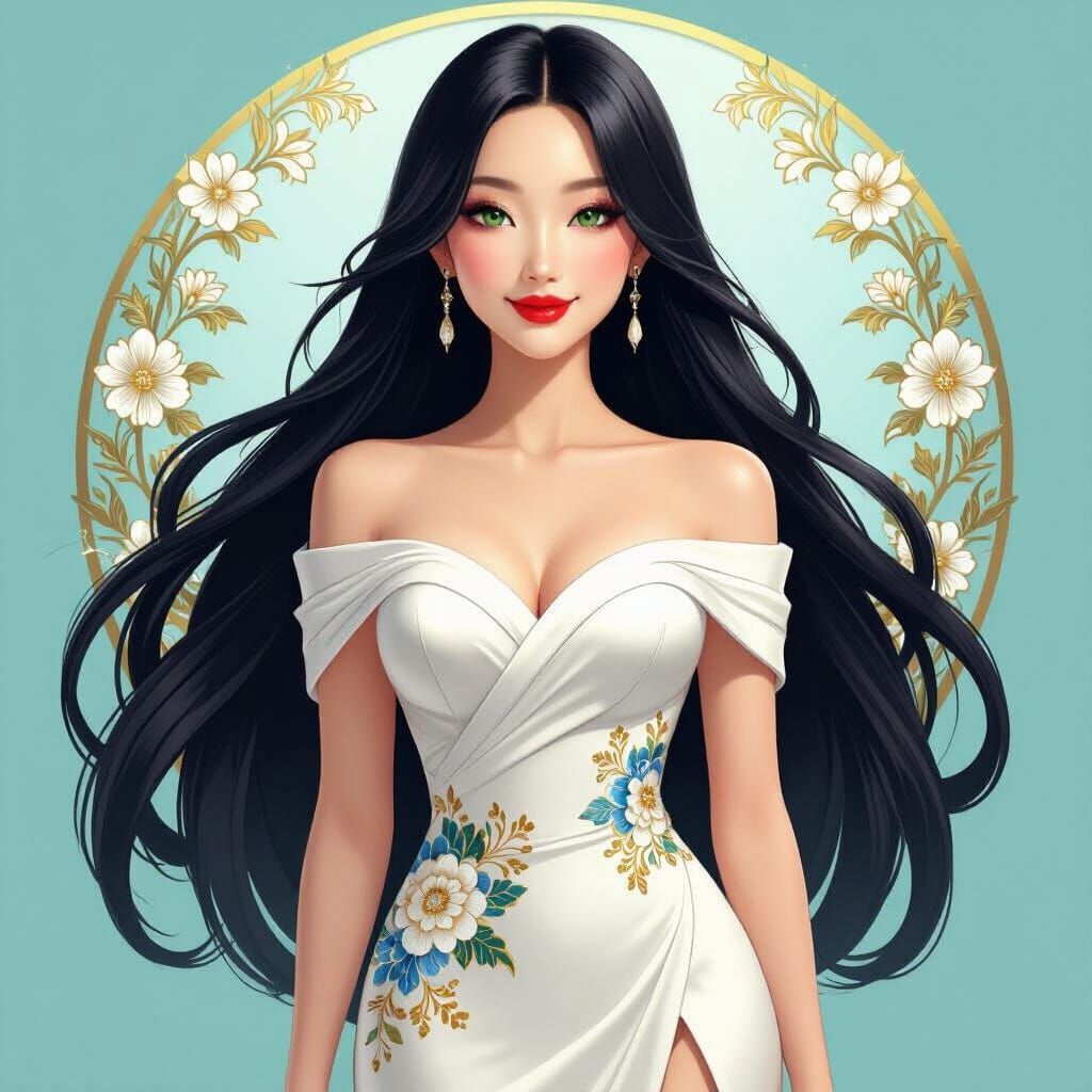 Japanese Woman in Silk Dress: 3D Digital Art