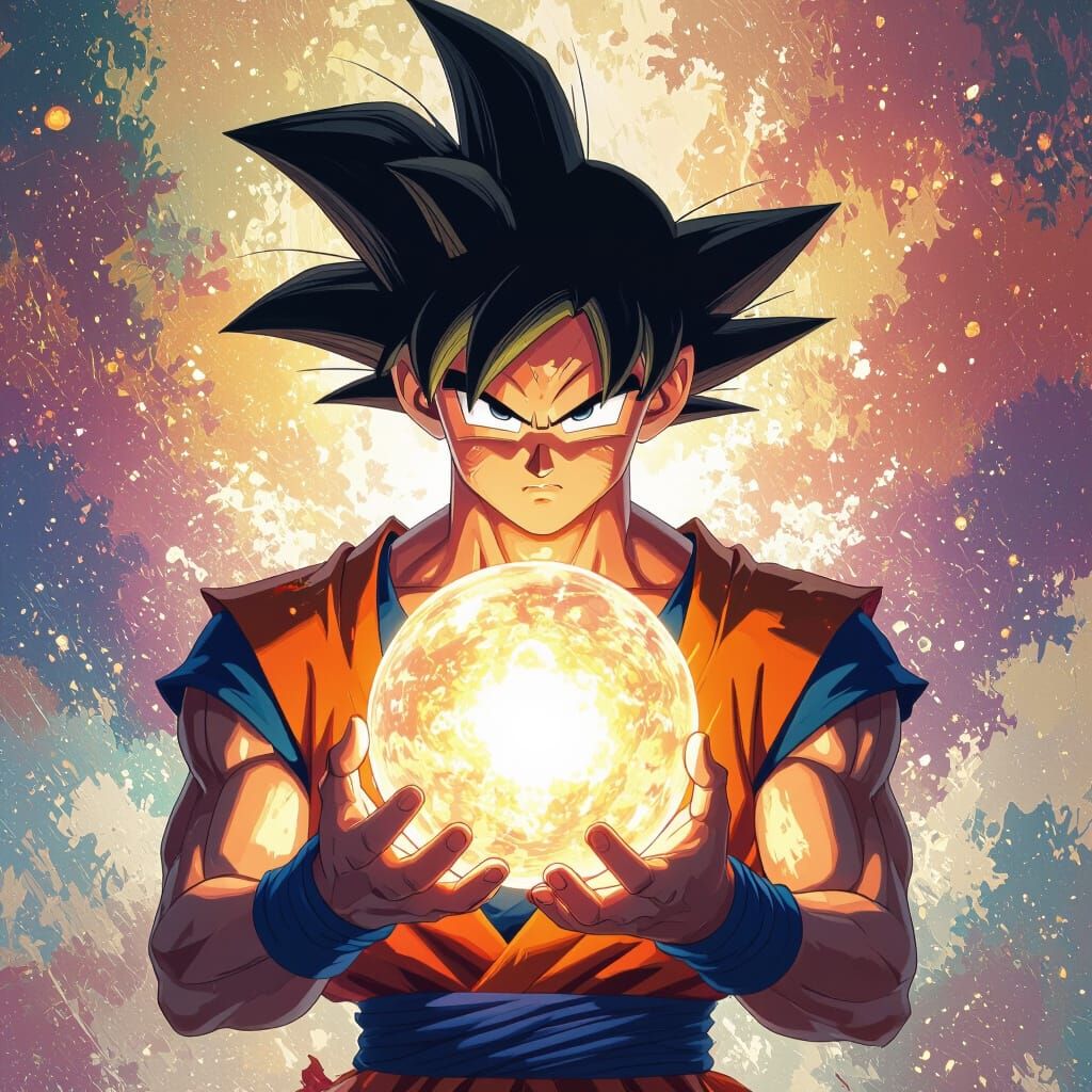 Goku Holding a Genkidama in Splash Art Style