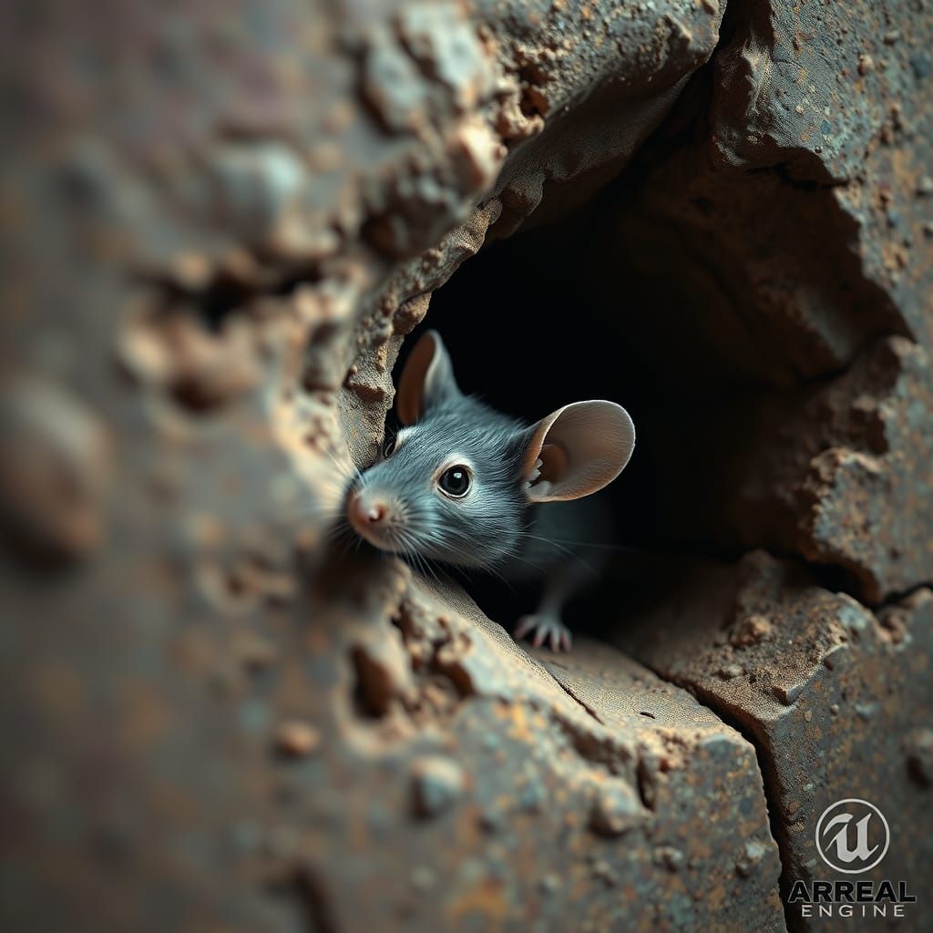 Whimsical Mouse Emerge from Hole in Fantastical Wall