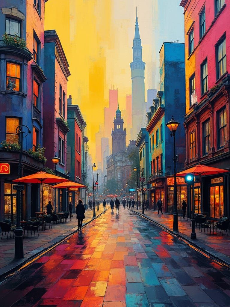 Vibrant Glasgow Cityscape in Swirling Geometric Oil Painting