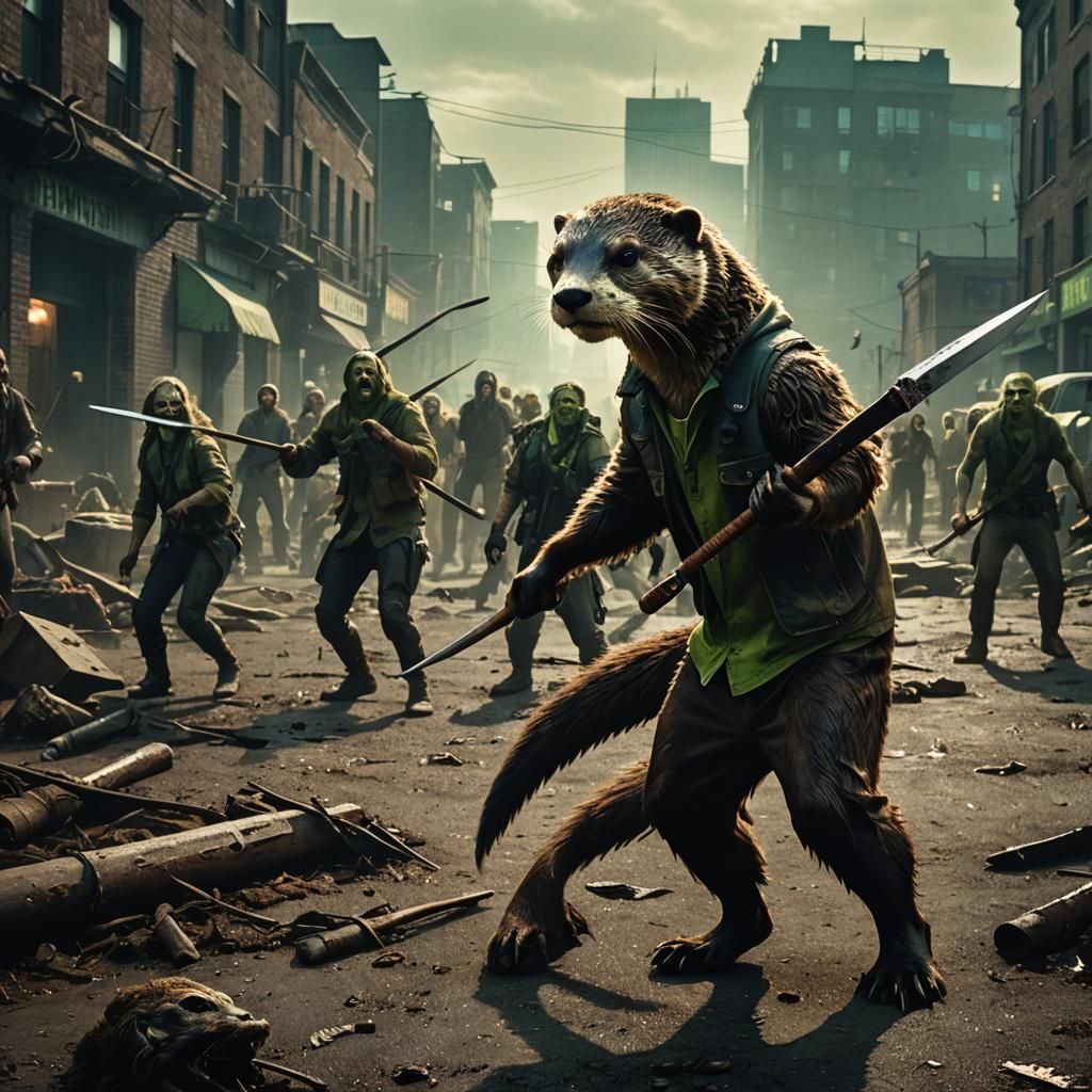 Anthro Otter vs Zombies in Apocalyptic Cityscape