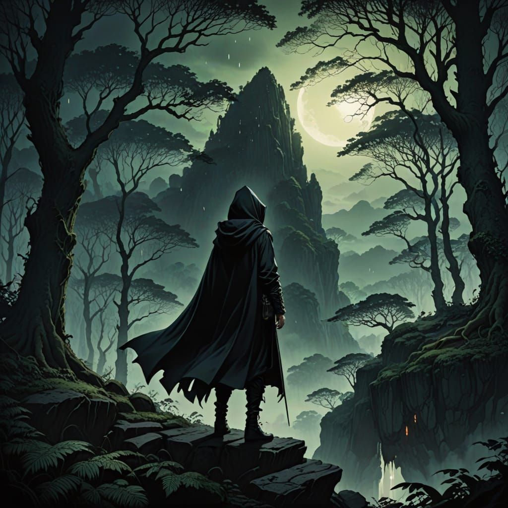 Young Boy Stands at Cliff's Edge, Gazing Down into Mysteriou...