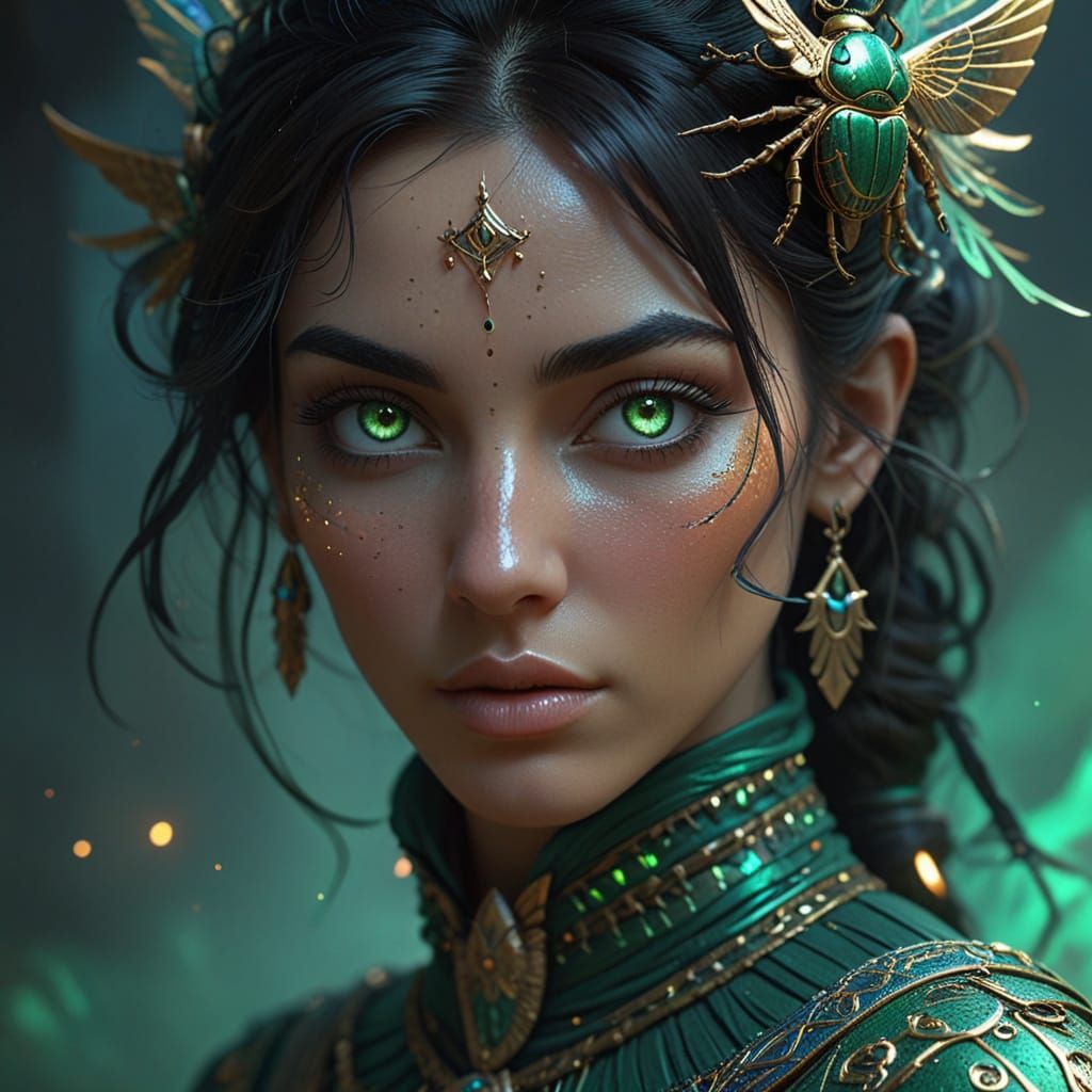 Mystical Egyptian Sorceress with Glowing Scarab