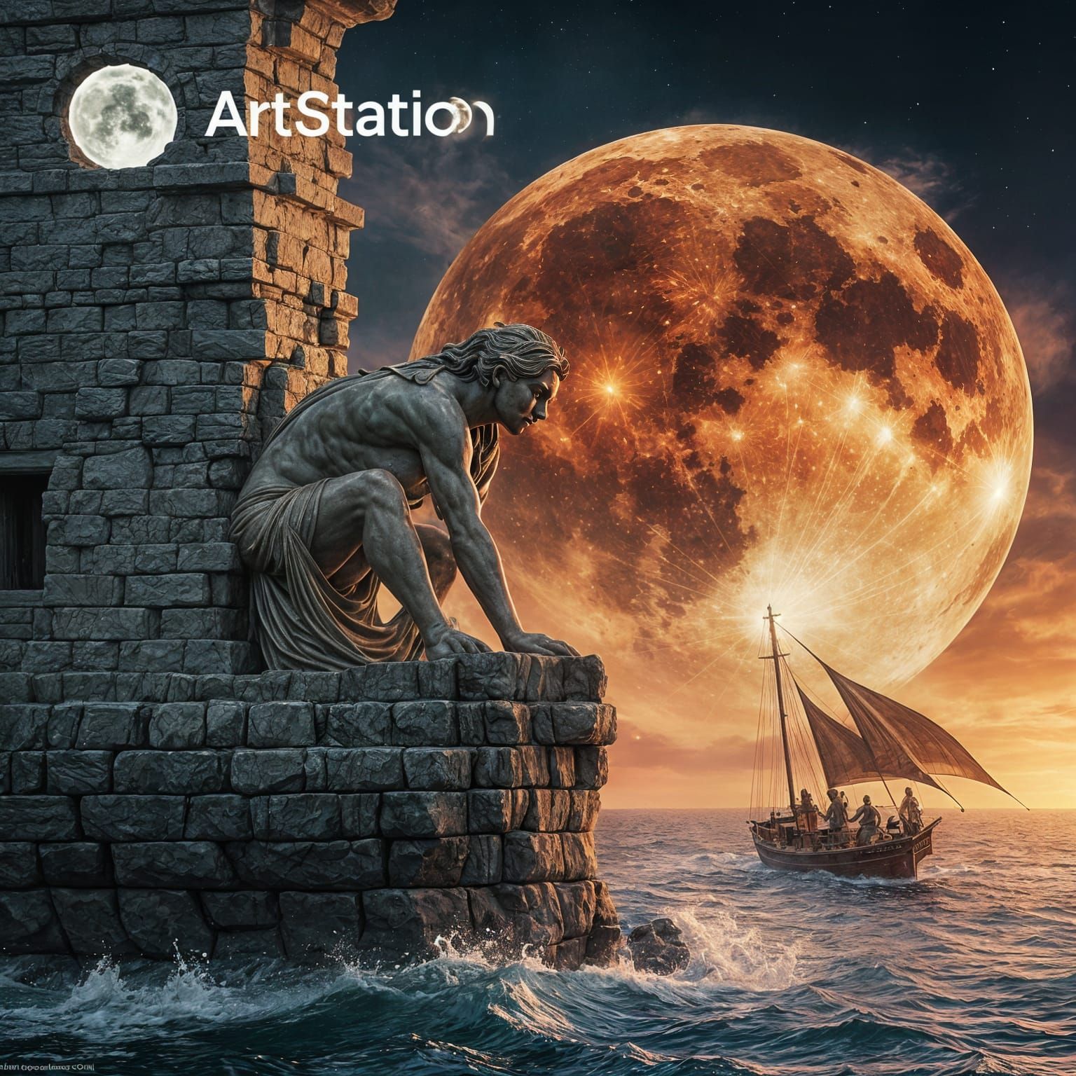 Ancient Statue Amidst a Serene, Moonlit Sea