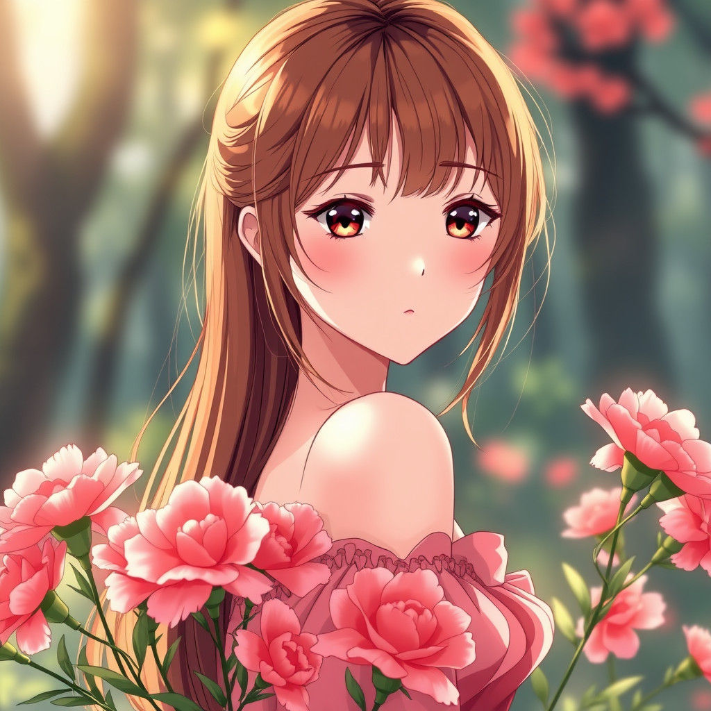 Anime Girl in Coral Pink Dress, Manga Style