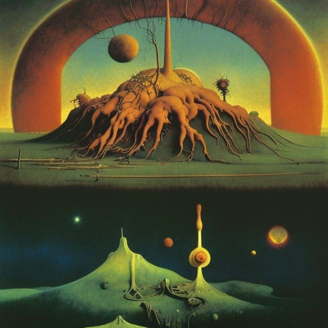 Apocalyptic Sunrise Landscape in Art Nouveau Style