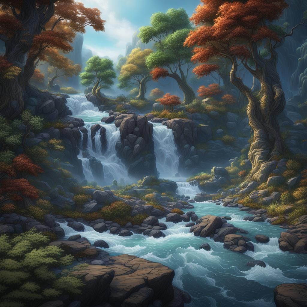 Raging River Fantasy Landscape in Detailed Matte Painting