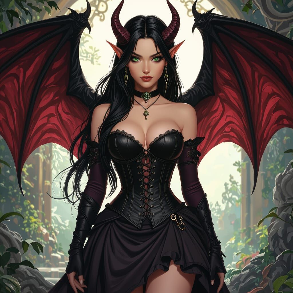 Epic Female Tiefling with Majestic Wings in Fantasy Realm