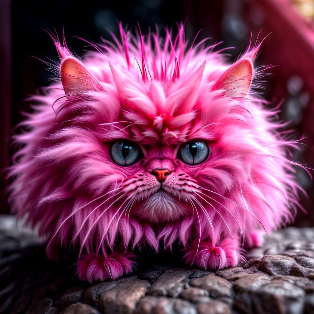 Fluffy Pink Spider with Cat Head, Hyperrealistic Detail