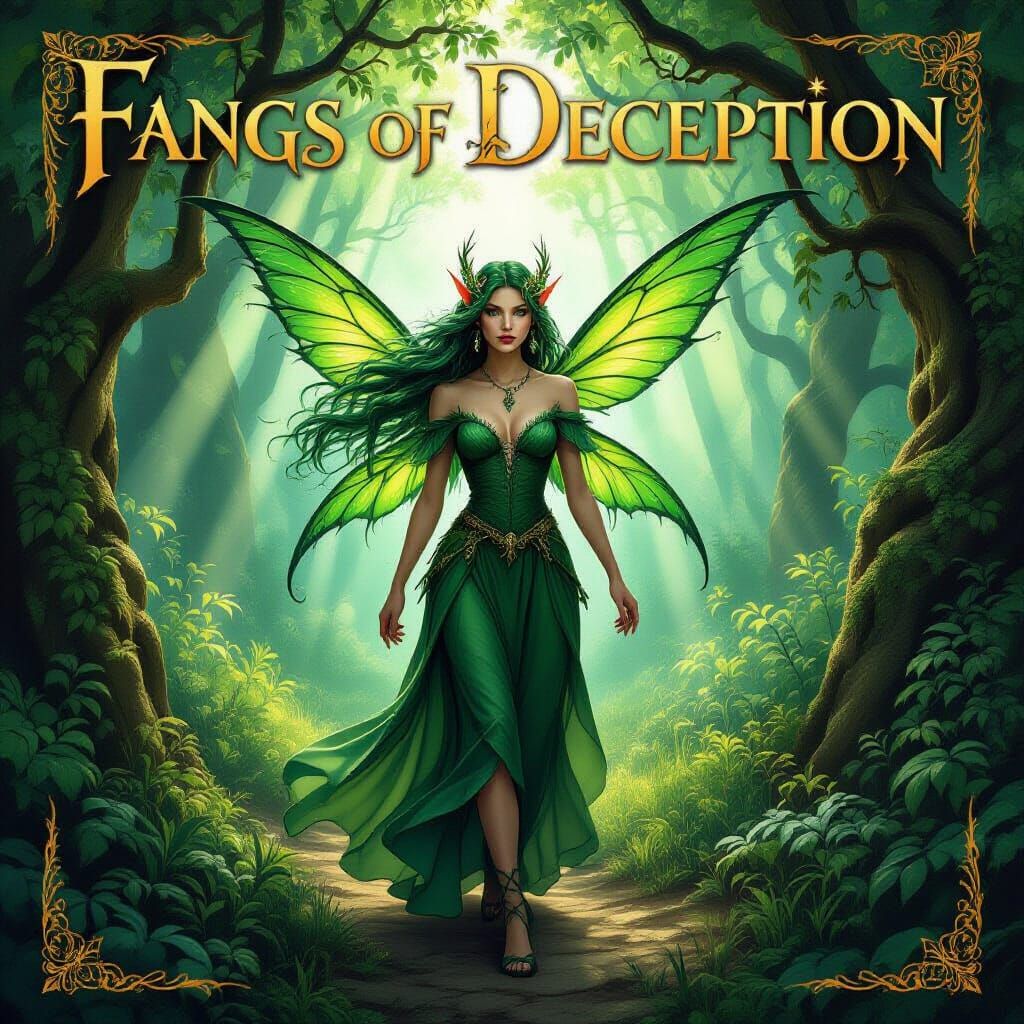 Fangs of Deception Book Cover: Elegant Fae in Enchanted Fore...