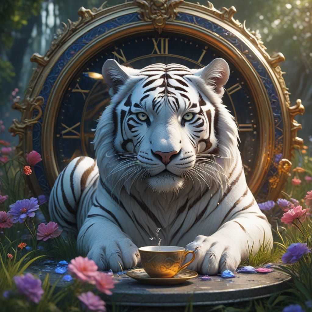 Picture a surreal, ethereal white tiger with shimmering tinsel stripes, curled up asleep in a field of melting clocks an...