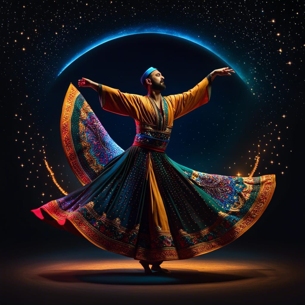 Hyperrealistic Tanoura Dance Under Night Sky
