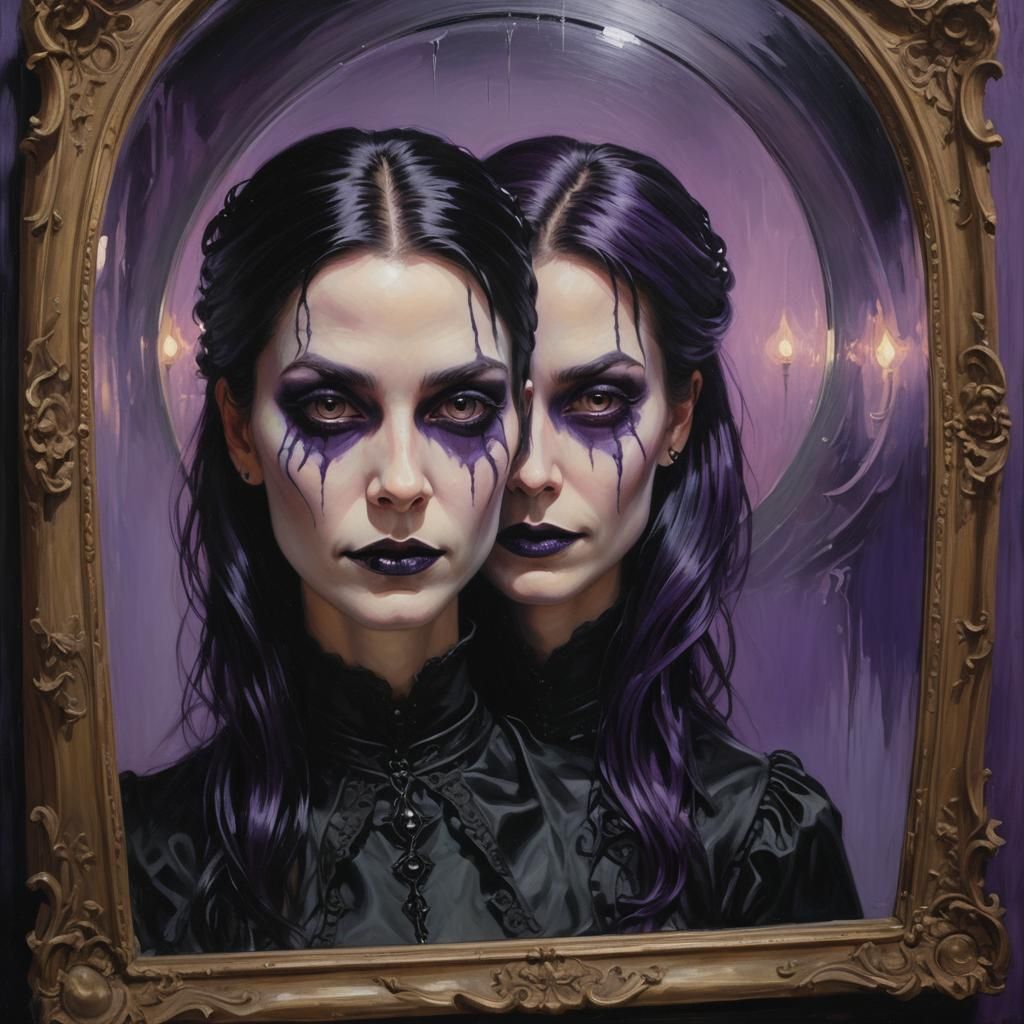 Gothic Surrealism: Eerie Mirror Reflection in Oil Painting