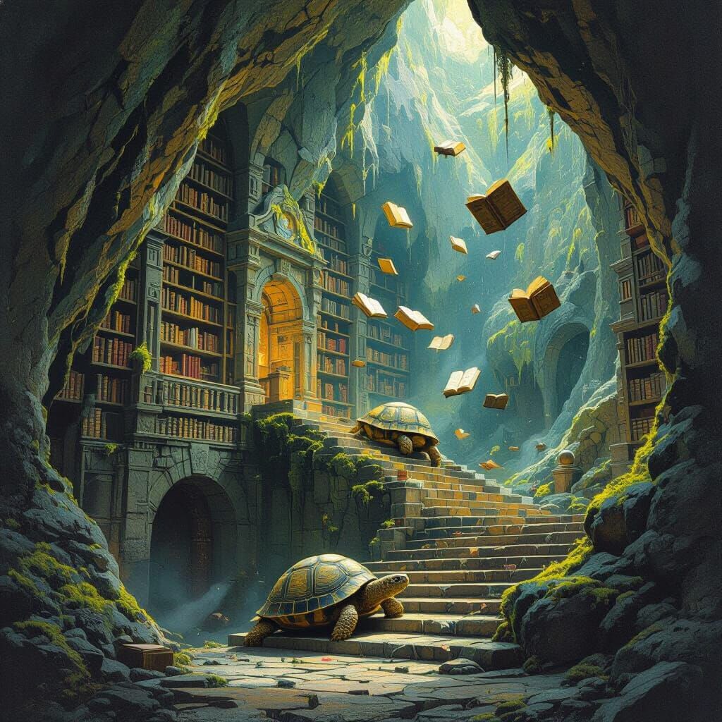 Ancient Mountain Library with Floating Books