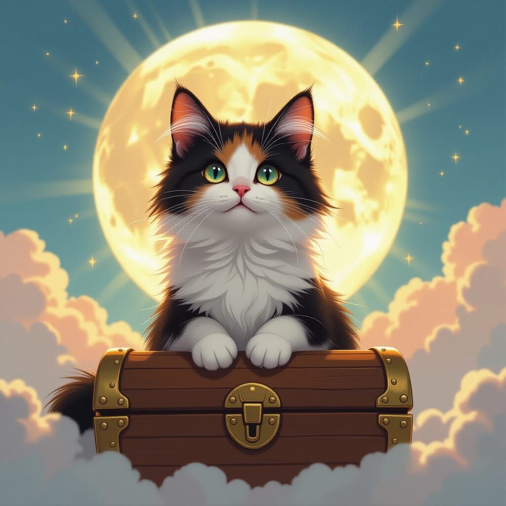 Calico Cat Discovering Treasure Under Moonlight
