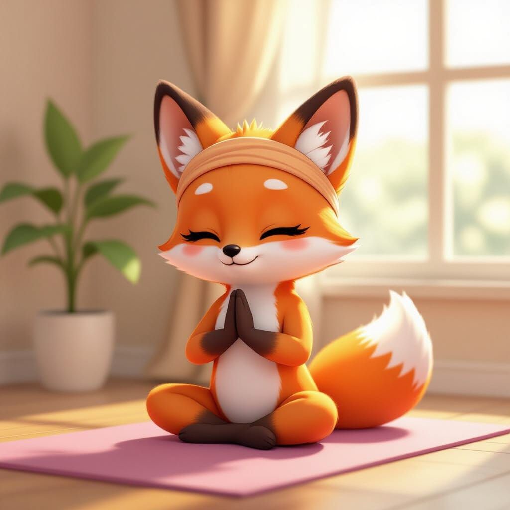 Peaceful Chibi Fox Practicing Yoga in Anime Style