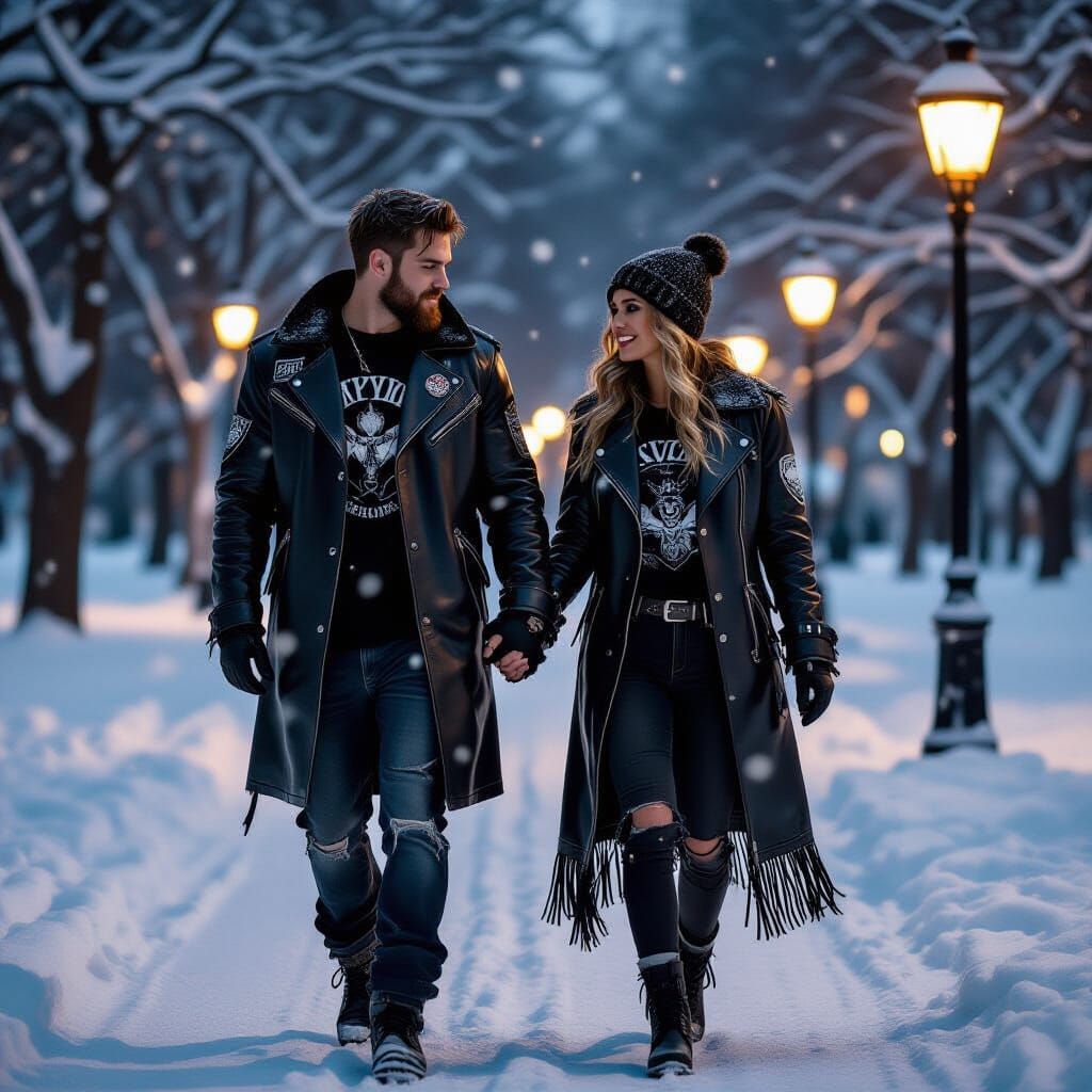 Rock Fan Couple in Snowy Park: Cinematic Winter Scene