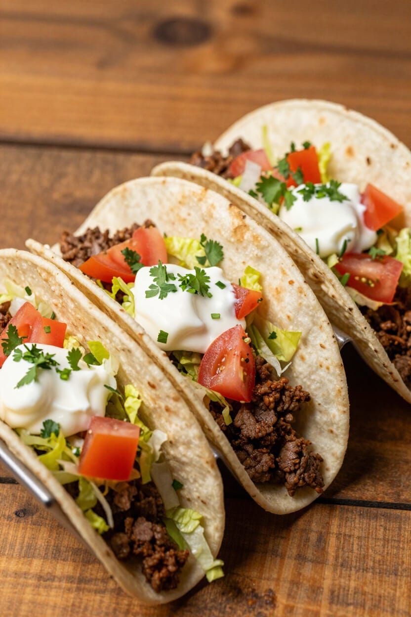 Close-Up Tacos on Rustic Table with Dramatic Lighting