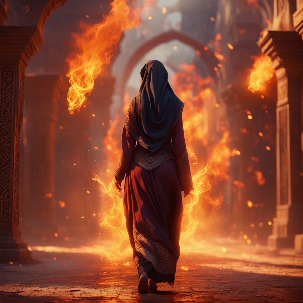 Arabic Woman Walks Through Flames: Detailed Matte Painting