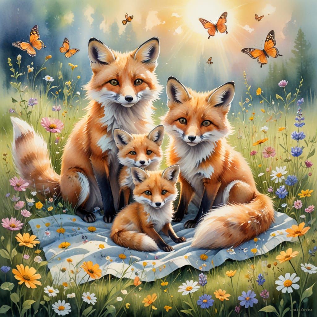 Fox Family Picnic in Watercolor Meadow